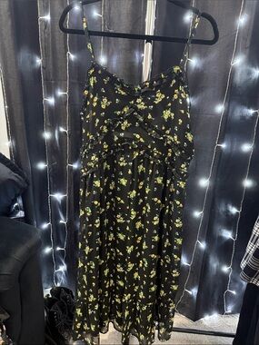 No Boundaries Black Floral Midi Dress with Yellow & Green Print